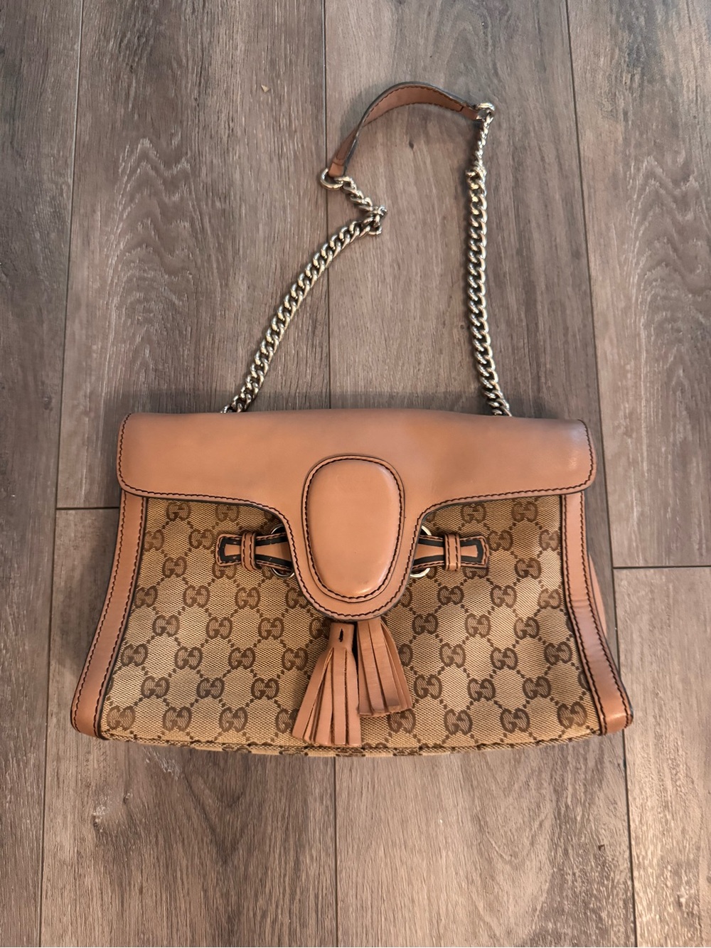 Gucci Tan GG Canvas Shoulder Bag with Leather Tassel